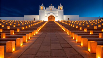 Beautiful pathway lined with candles leading to a church at night