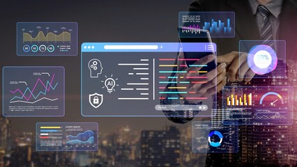 Businessman using digital analytics interface with graphs and charts for data analysis and futuristic technology in a vibrant city skyline at night Gluon.