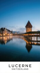 Naklejka premium Lucerne Switzerland Historic Chapel Bridge Lake Cityscape Night 