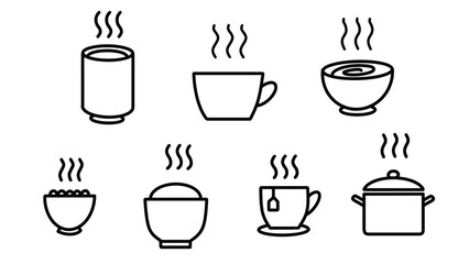 Vector Illustration of Black and White Line Art Icon Set Featuring Hot Food and Beverage Containers with Rising Steam, Transparent Background