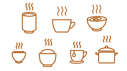 Brown line art illustration of steaming tea cup, coffee mug, bowls of soup and rice, and a cooking pot on transparent background