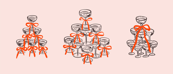 Doodle champagne glass tower with coquette pink bow. Hand drawn whimsical cocktail pyramid for wedding invitation, birthday, Christmas, bachelorette party designs. Wine, margarita, martini glasses © Kseniia
