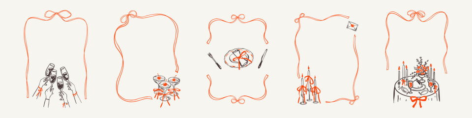 Set of doodle coquette bow ribbon frames for restaurant menu, wedding invitation, romantic Valentines day dinner poster. Champagne celebration toast, cocktail glass, aesthetic hand drawn sketch table