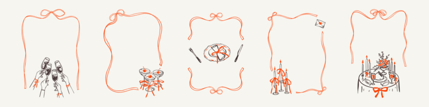Set of doodle coquette bow ribbon frames for restaurant menu, wedding invitation, romantic Valentines day dinner poster. Champagne celebration toast, cocktail glass, aesthetic hand drawn sketch table