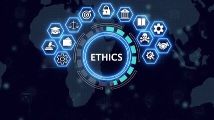AI ETHICS and secure technology governance. businessman using digital tablet with ai ethics interface and cybersecurity representing ethical artificial intelligence, 4k animated motion video. . - Powered by Adobe