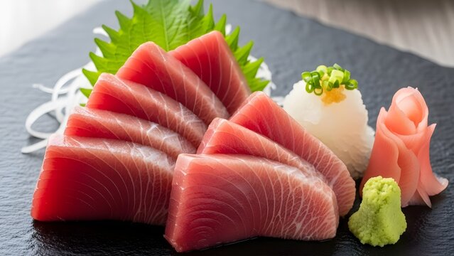 Exquisite preparation of premium fresh red tuna sashimi slices beautifully arranged with traditional garnishes like grated daikon and vibrant wasabi paste.