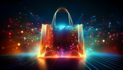 abstract glowing shopping bag design with colorful particles and light effects representing digital commerce consumerism and futuristic shopping experiences