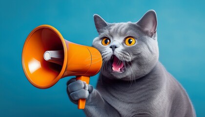 a british shorthair blue cat is holding a megaphone and spreading the message pet concept