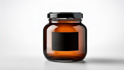 round brown glass jar with black iron lid and blank label isolated