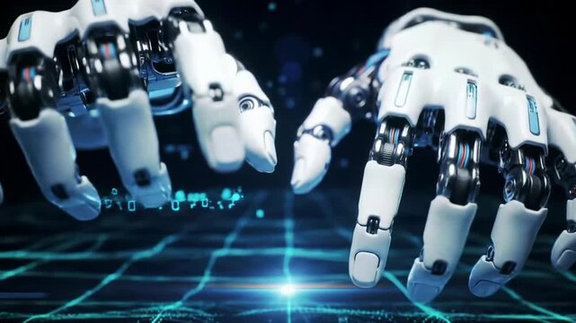 Extreme close-up of polished silver, pristine white ceramic robotic hands with intricate wiring slowly nearing in a futuristic blue void, blue lens flare, and digital particles, concept of emergent