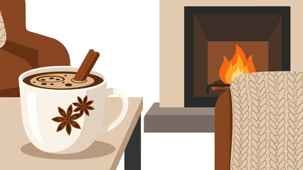 Naklejka premium Cozy winter scene with hot chocolate and fireplace