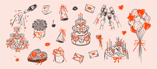 Doodle quirky whimsical girly birthday, bachelorette party elements set with coquette pink bows. Hand drawn birthday candle cake and hat, heart balloon, margarita cocktail, martini, champagne tower