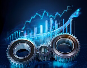 close up of interlocking gears on dark background with digital graph displaying economic growth and industrial influence in technology sector