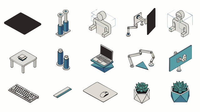 Isometric icons for home office setup: desk, computer, keyboard, monitor arm, plant, and accessories