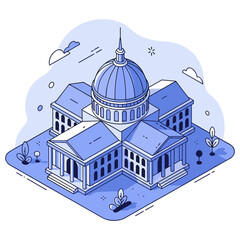 Naklejka premium Isometric illustration of neoclassical building with dome and columns. No editable stroke