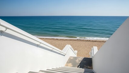 Fototapeta premium White modern stairs descending to a beautiful sandy beach with turquoise ocean waves under a clear blue sky, evoking a sense of tranquil summer vacation and coastal escape.