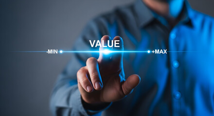 Person interacting with digital value scale displaying minimum and maximum levels with finger between them highlighting importance of value.