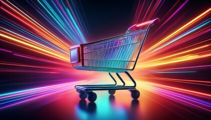 neon shopping cart graphic representing fast online shopping experience with vibrant colors and dynamic motion effects against dark background