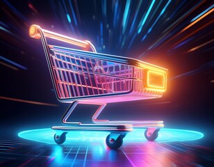 neon shopping cart in 3d light with vibrant glow and circular dynamic motion effect for futuristic retail and e commerce concepts