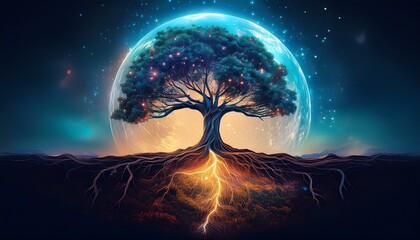 lonely tree glowing roots earth split