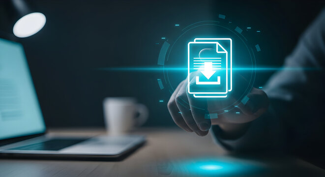 Person interacts with digital document icon, symbolizing file sharing or download in modern technology and office setting efficiently. - Powered by Adobe