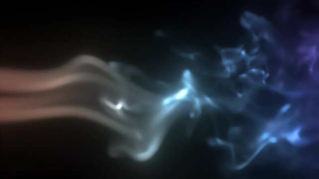 Dynamic, swirling smoke patterns in vibrant blue and purple hues drift and twist against a deep black backdrop, creating an abstract, atmospheric visual.