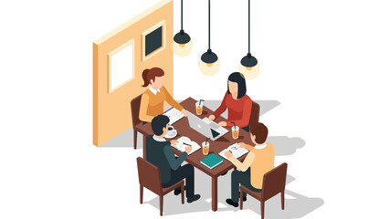 Collaborative team meeting in modern office setting with drinks and laptops