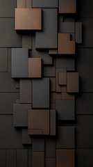Abstract geometric design featuring 3D squares in metallic bronze and dark grey tones against a textured dark background.