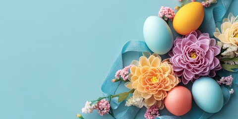 Pastel Easter eggs and colorful flowers arrangement with ribbon for festive spring celebration
