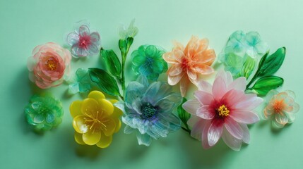 Colorful plastic flowers arranged on a mint green background for vibrant spring decor