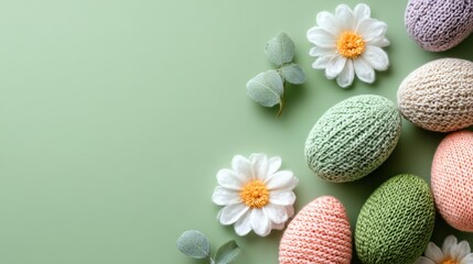 Pastel knitted eggs and white flowers on a green background create a soft spring decorative scene