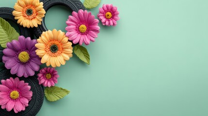 Colorful flowers and tires create a vibrant display on a mint green background
