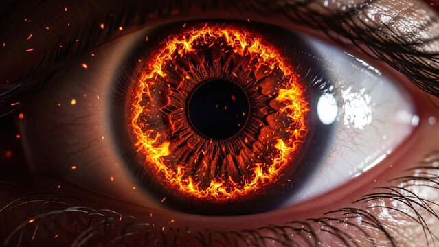 A close-up of a human eye with a fiery iris and black pupil