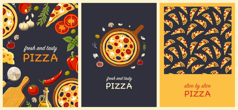 Set of pizza posters with flat vector illustrations, whole pizza and slices, Italian ingredients and seamless pattern. Dark background design for restaurant decor, menu covers, food branding and print