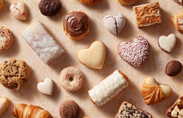 Valentines dessert flat lay with heart cookies and pastries