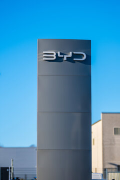 Gothenburg, Sweden - February 05 2025: byd dealership sign against clear sky.