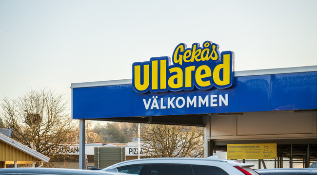 Falkenberg, Sweden - March 15 2025: Store entrance with welcoming sign Ullared.