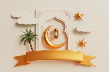 Golden crescent moon lantern and palm tree adorn a decorative arch with stars for religious celebration banners.