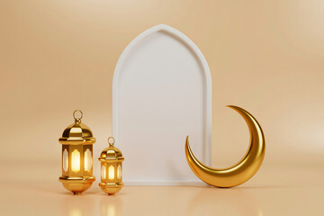 Golden lanterns and a shiny crescent moon displayed before a neutral arched frame setup.