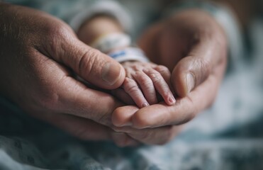 Fototapeta premium Parent Holding Newborn Hand in Hospital Close Up
