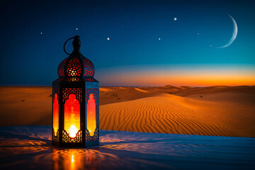 Traditional ornate metallic lantern glows brightly against a vast desert landscape under the crescent moon.
