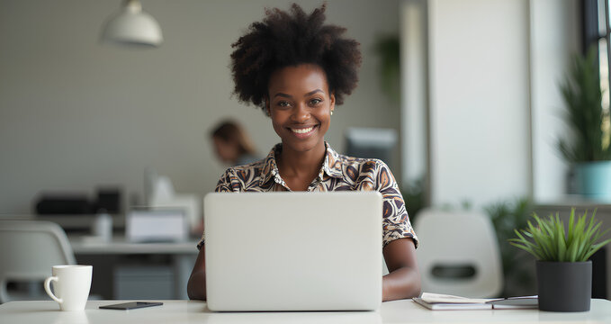 black woman sits at a laptop in the office - Powered by Adobe