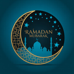 Elegant blue and gold graphic design featuring a crescent moon, mosque silhouette, and stars for Ramadan Mubarak greetings.