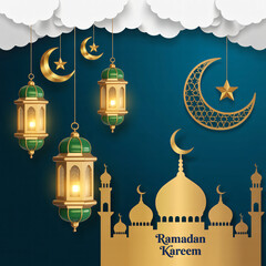 Illuminated golden lanterns and crescent moons decorate a festive celebrating Ramadan Kareem.