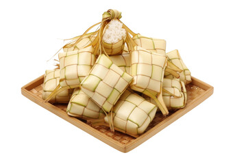 woven ketupat rice pouches on wooden tray