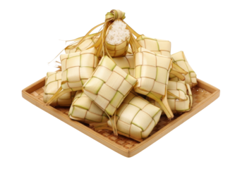 woven ketupat rice pouches on wooden tray