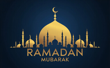 Golden silhouette of grand mosque domes and minarets with elegant crescent moon celebrating Ramadan Mubarak greetings.