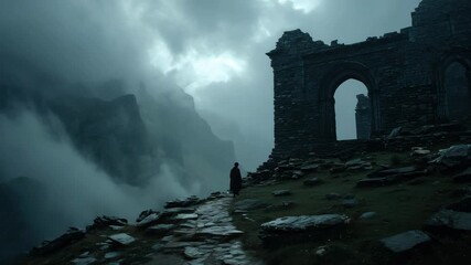 Mysterious Ruins in a Foggy Landscape at Dusk