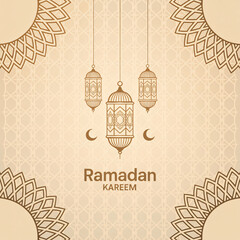 Elegant Ramadan Kareem background with golden lanterns and ornamental Islamic patterns.