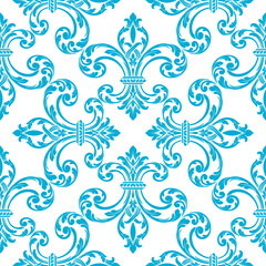 Symmetrical fleur-de-lis damask seamless pattern with balanced turquoise lilies. Traditional baroque motif for interior decor, greeting cards, and historical branding elements.